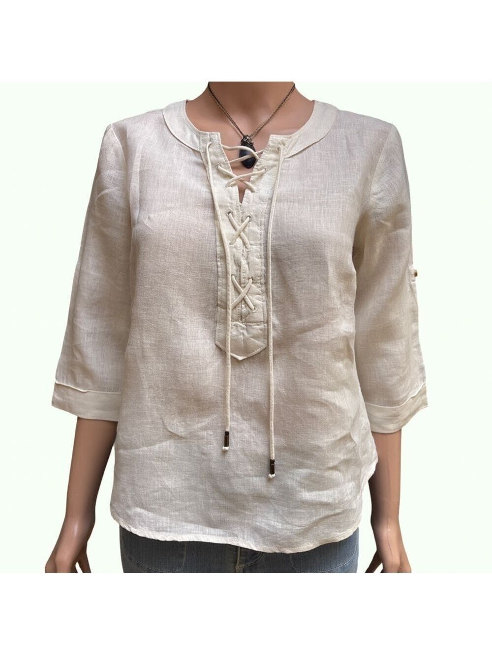 Maeve by Anthropologie Cream Linen Blouse 3/4 Sleeves Size 0P